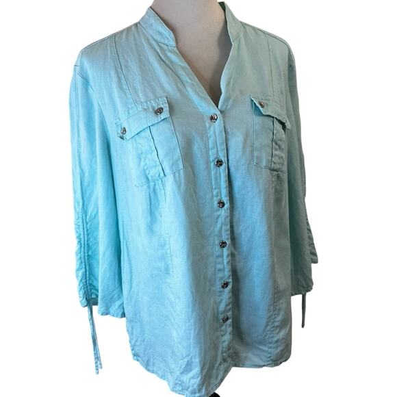 100% Linen Aqua Green JM Collection V-neck Button Up Blouse, 3/4 Sleeves Size 12 - Picture 1 of 6